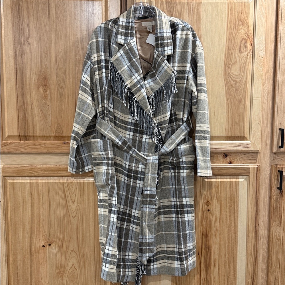 H&M New Plaid Belted Fringe Classy Trench Long Line Coat Gray and Cream Size S